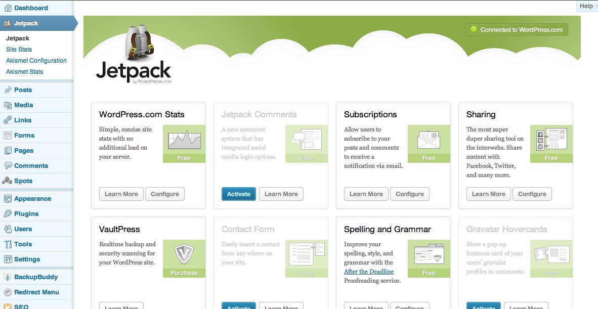 The Jetpack settings page